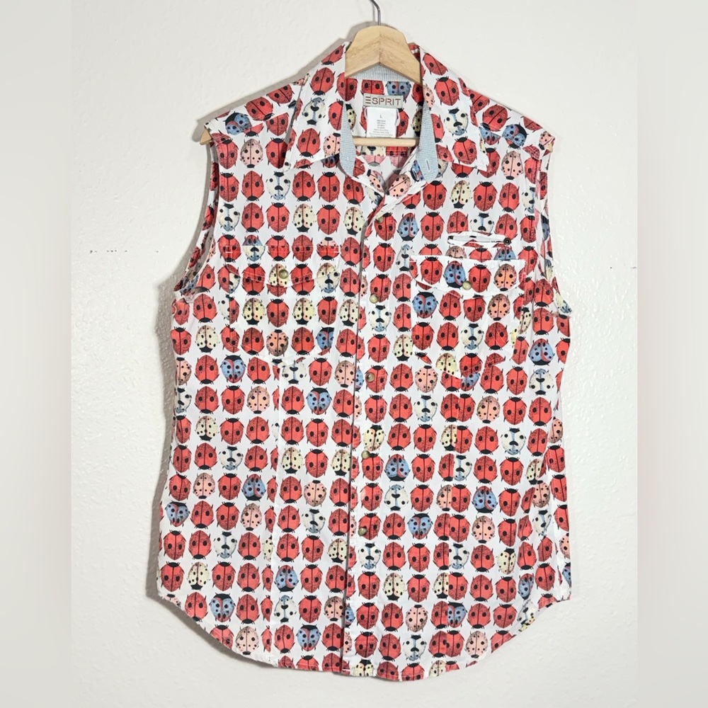 Vintage Esprit ladybug, print, sleeveless, snap front shirt, size large